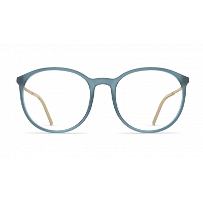 Damenbrille Neubau Anika T148 mit runder Fassung aus blauem Kunststoff und beigen Bügeln, modern und zeitlos.