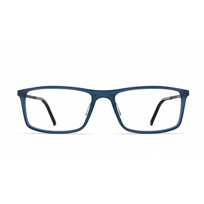 Herrenbrille Neubau Tom II T151 mit rechteckigem, mattem blauen Rahmen und schmalen schwarzen Bügeln, frontal abgebildet.