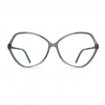 Damenbrille Neubau Celine T154 mit transparentem Rahmen und grünen Bügeln, Schmetterlingsform, frontal abgebildet.