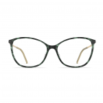 Damenbrille Neubau Laura T157 mit elegantem, grün gemustertem Rahmen und schlanken goldfarbenen Bügeln, frontal abgebildet.