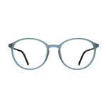 Herrenbrille Neubau Anton T159 mit runder, mattblauer Fassung und schlichten schwarzen Bügeln, frontal abgebildet.