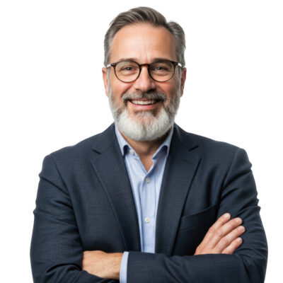 Professional Mature Man With Beard And Glasses Smiling Confidently With Arms Crossed Isolated On Transparent Background