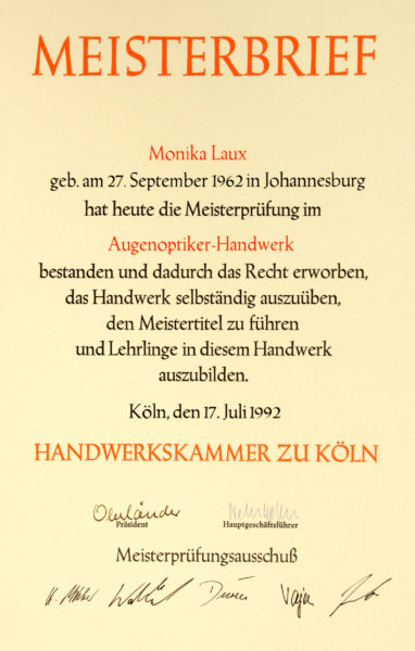 Monika Wolf Meisterbrief Augenoptiker Meisterin Monika Wolf Meisterbrief Augenoptiker Meisterin