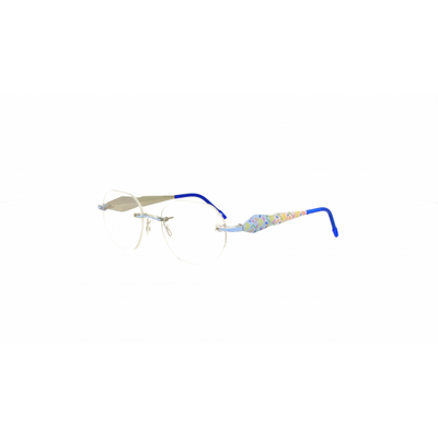Abgebildet ist die Garnitur Switch it SI 3520 Damenbrille in Hellblau mit buntem Bügeldesign, gezeigt auf weißem Hintergrund.