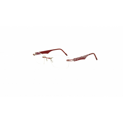 Rote Damenbrille Switch it Garnitur SI 3524 mit filigran verziertem Gestell und randlosen Gläsern auf weißem Hintergrund.