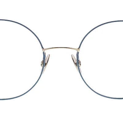 Colibris Eyewear Damenbrille Sanna, runde Fassung aus Metall in Gold und Blau, Vorderansicht.