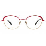 Colibris Eyewear Damenbrille Thea mit rundem, zweifarbigem Gestell in Rot und Gold, frontalansicht.