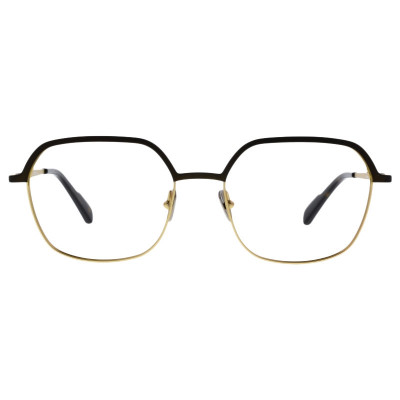 Colibris Eyewear Damenbrille Tilla mit eckigem, gold-schwarzem Rahmen, frontal abgebildet.