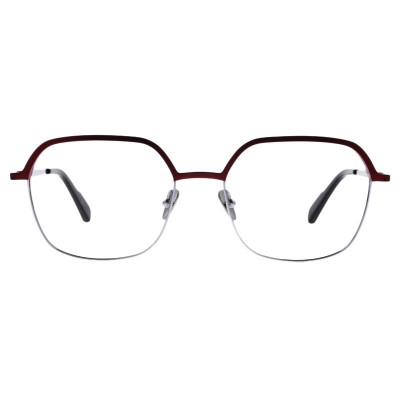 Colibris Eyewear Damenbrille Tilla mit eckigem, rot-silbernem Rahmen, frontalansicht.