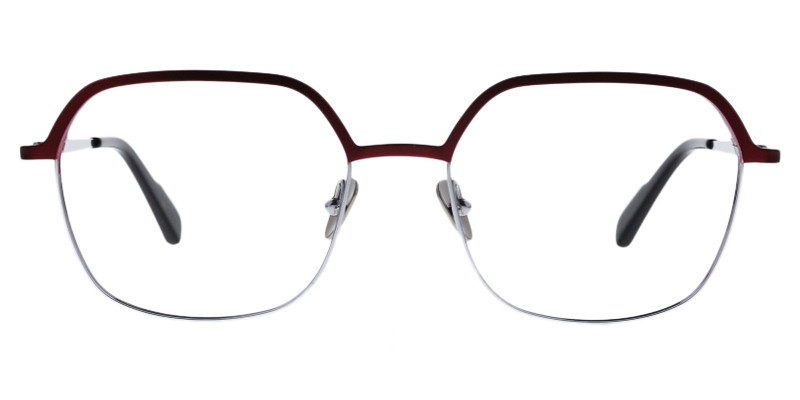 Tilla-45693 bordeaux Colibris Eyewear Damenbrille Tilla mit eckigem, rot-silbernem Rahmen, frontalansicht.