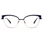Colibris Eyewear Damenbrille Tora mit dunkelblauem Rahmen und goldenen Akzenten, frontal abgebildet.