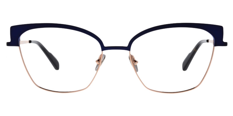 Tora-45720 blau Colibris Eyewear Damenbrille Tora mit dunkelblauem Rahmen und goldenen Akzenten, frontal abgebildet.