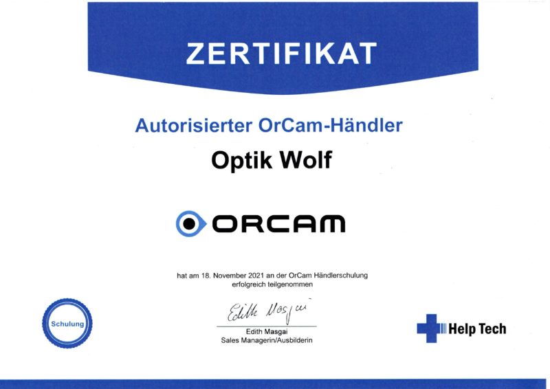 Zertifikat Orcam Optik Wolf
