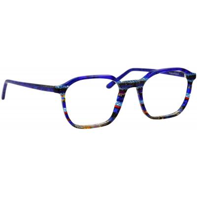 Herrenbrille Johann von Goisern J816 in Blau mit rechteckigem Rahmen und farbenfrohen Details entlang der Fassung.