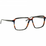 Herrenbrille Johann von Goisern J817 mit buntem, rechteckigem Rahmen und auffälligem Streifenmuster.