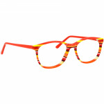 Unisexbrille Johann von Goisern J818 mit buntem, gestreiftem Rahmen in Rot-, Gelb- und Orangetönen.
