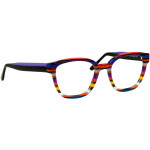 Unisexbrille Johann von Goisern J819 mit buntem gestreiftem Rahmen und schwarzem Bügel, modernes und auffälliges Design.