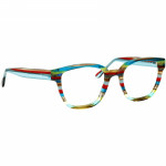 Unisexbrille Johann von Goisern J819 mit rechteckigem Rahmen und mehrfarbig gestreiftem Design in Blau, Rot und Gelb.