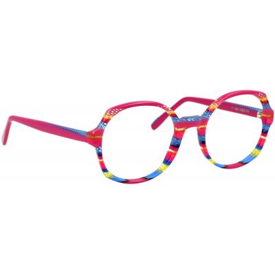 Damenbrille Johann von Goisern J820 mit rundem Gestell in farbenfrohem Design und roten Bügeln.