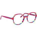 Damenbrille Johann von Goisern J820 mit rundem Gestell in farbenfrohem Design und roten Bügeln.