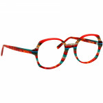 Damenbrille Johann von Goisern J820 mit rundem Rahmen in farbenfrohem Design aus Rot, Blau und Orange.