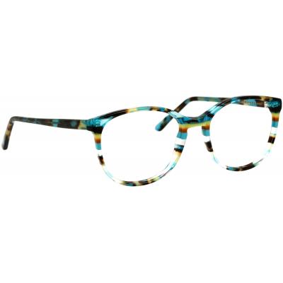 Damenbrille Johann von Goisern J821, runde Fassung mit mehrfarbigem Muster in Türkis, Braun und Gelb.