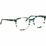 Damenbrille Johann von Goisern J821, runde Fassung mit mehrfarbigem Muster in Türkis, Braun und Gelb.