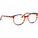 Damenbrille Johann von Goisern J821 mit runden Gläsern und farbenfrohem, gestreiftem Gestell.