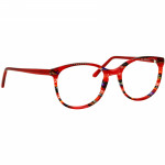 Rote Damenbrille Johann von Goisern J821 mit rundlichen Gläsern und bunten Akzenten auf der Front.