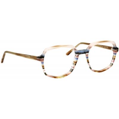Damenbrille Johann von Goisern J822 mit mehrfarbigem, gestreiftem Rahmen und großen, eckigen Gläsern.