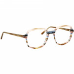 Damenbrille Johann von Goisern J822 mit mehrfarbigem, gestreiftem Rahmen und großen, eckigen Gläsern.