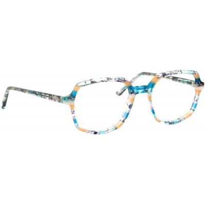 Damenbrille Johann von Goisern J822 mit achteckigem Gestell und mehrfarbigem Muster in Blau-, Gelb- und Transparenz-Tönen.
