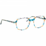Damenbrille Johann von Goisern J822 mit achteckigem Gestell und mehrfarbigem Muster in Blau-, Gelb- und Transparenz-Tönen.