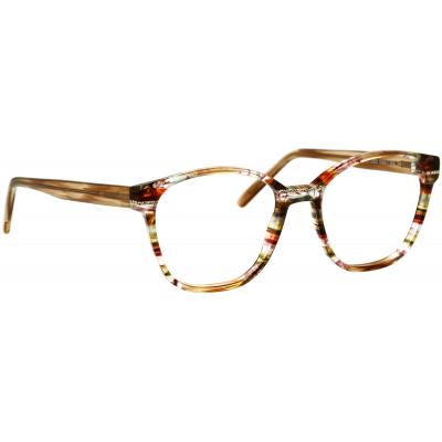 Damenbrille Johann von Goisern J823 mit farbenfrohem, gestreiftem Acetatgestell und runden Gläsern.