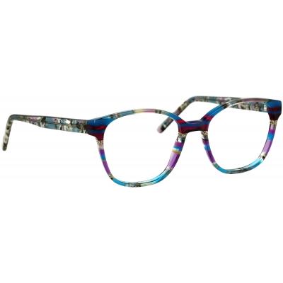 Damenbrille Johann von Goisern J823 mit rechteckigen Gläsern und farbenfrohem Rahmen in Blau- und Lilatönen.