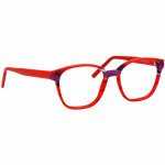 Damenbrille Johann von Goisern J823 in leuchtendem Rot mit lila Akzenten und rechteckiger Rahmenform.