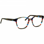 Damenbrille Johann von Goisern J823 mit farbenfrohem, gestreiftem Rahmen und leicht runden Gläsern.