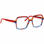 Damenbrille Johann von Goisern J824 mit eckigen Rahmen, farbenfrohem Muster und kräftigen Rot- und Blautönen.