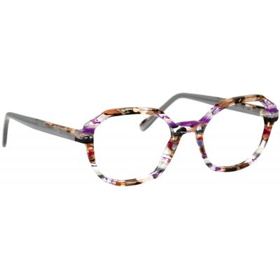 Damenbrille Johann von Goisern J825 mit geometrischem Rahmen in bunten Farben und grauen Bügeln.