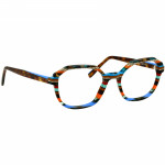 Damenbrille Johann von Goisern J825 mit auffälligem Muster in Blau, Rot und Braun, achteckige Form.