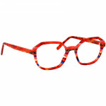 Damenbrille Johann von Goisern J825 in leuchtendem Rot mit mehrfarbigen Streifen und achteckigem Rahmen.