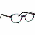 Damenbrille Johann von Goisern J825 mit auffälligen, mehrfarbigen Rahmen und schwarzen Bügeln.