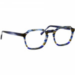 Herrenbrille Johann von Goisern J826 mit rechteckigem Gestell in blau-gestreiftem Design und schwarzen Bügeln.