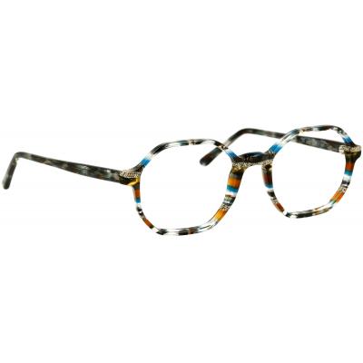 Herrenbrille Johann von Goisern J827 mit achteckigem Rahmen, farbigen Mustern und schlanken schwarzen Bügeln.