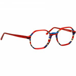 Herrenbrille Johann von Goisern J827 mit achteckigem Rahmen in Rot und bunten Akzenten, modernes und stilvolles Design.