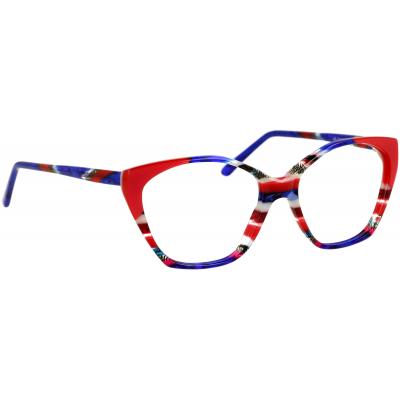 Damenbrille Johann von Goisern JA003 mit farbenfrohem Gestell in Rot, Blau und Weiß.