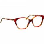 Damenbrille Johann von Goisern JA003, rechteckige Form, buntes Gestell mit auffälligen Rot-, Gelb- und Brauntönen.