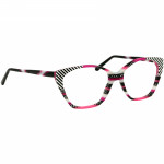 Damenbrille Johann von Goisern JA003 mit auffälligem Design in Pink, Schwarz und Weiß mit Streifen- und Musterakzenten.