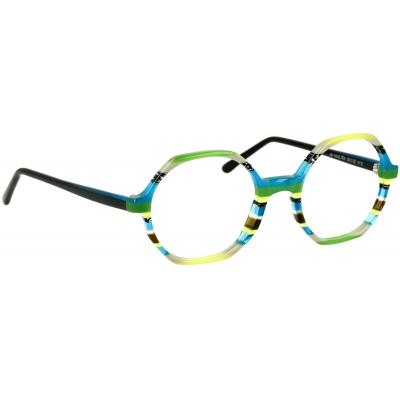 Unisexbrille Johann von Goisern JA004 mit achteckigem Rahmen in lebendigen Farben wie Grün, Blau und Gelb.