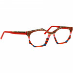 Damenbrille Johann von Goisern JA017 mit sechseckigem Rahmen, roten Bügeln und buntem Musterdesign.
